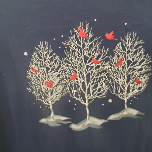 Holiday Time Womens Size Large Navy Blue Whitw Trees With Cardinals Long Sleeve - Picture 4 of 6