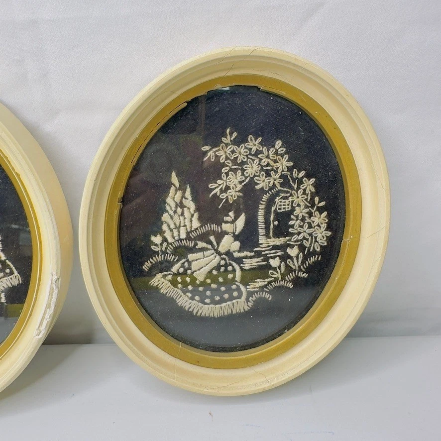 Vintage Embroidered Oval Framed Wall Art Set Country Scene Figures 2pc - Image 2 of 4