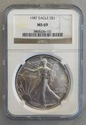 1987 $1 Silver Eagle Dollar US Coin, NGC MS 69, 1 oz Fine Silver, Graded