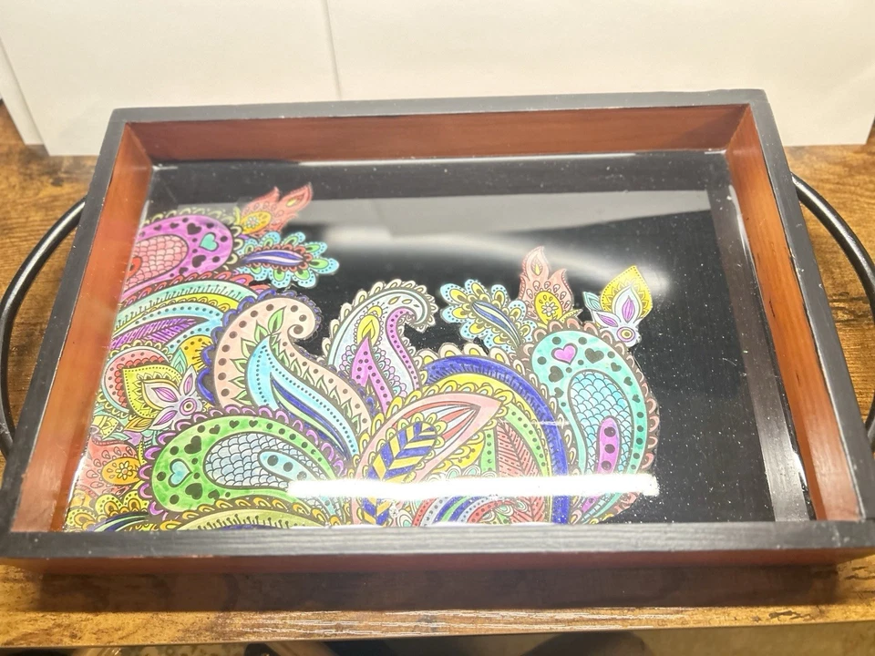 Handcrafted walnut Wood and Resin Serving Tray with Metal Handles 17 1/2” X 11”. - Image 3 of 4