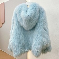 Women Real Fox Fur Knitted Coat Hooded Bat Sleeve Baggy Jacket Warm Outwear Tops