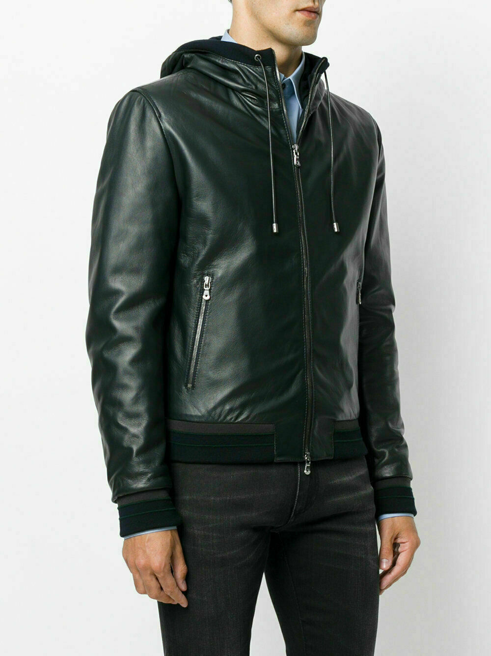 ALTRA Giacca cappotto verde biker uomo vera pelle d'agnello classica slim fit con cappuccio