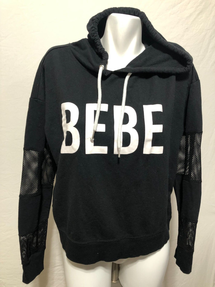 BEBE Women Black Hoodie Hooded Sweatshirt Mesh Sleeves Jacket XL