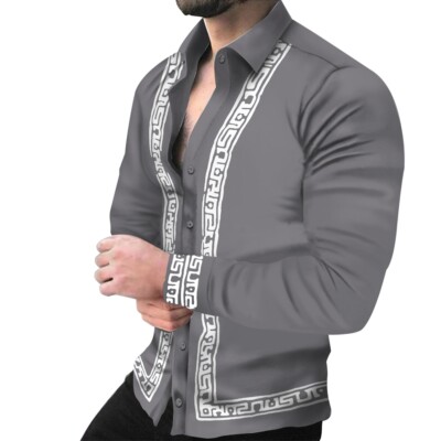 Camisas Buttons Hombre Ribete Blanco Barroco Informal Manga Larga Gris Moda Top