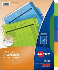 Avery 5-Tab Plastic Binder Dividers, Insertable Translucent Multicolor Big Tabs