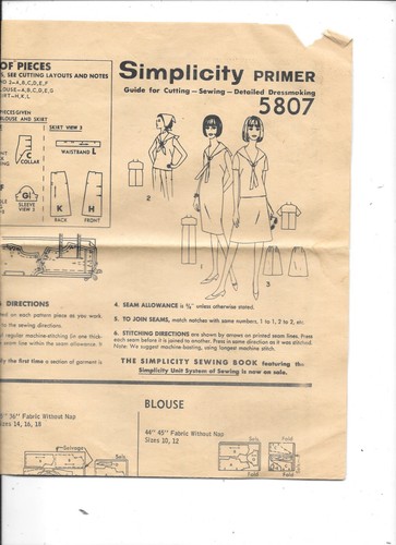 Vtg 1960s Simplicity 5807 Sailor Collar Dress/Blouse & Skirt Summer Sz 10 B 31" - Picture 4 of 5