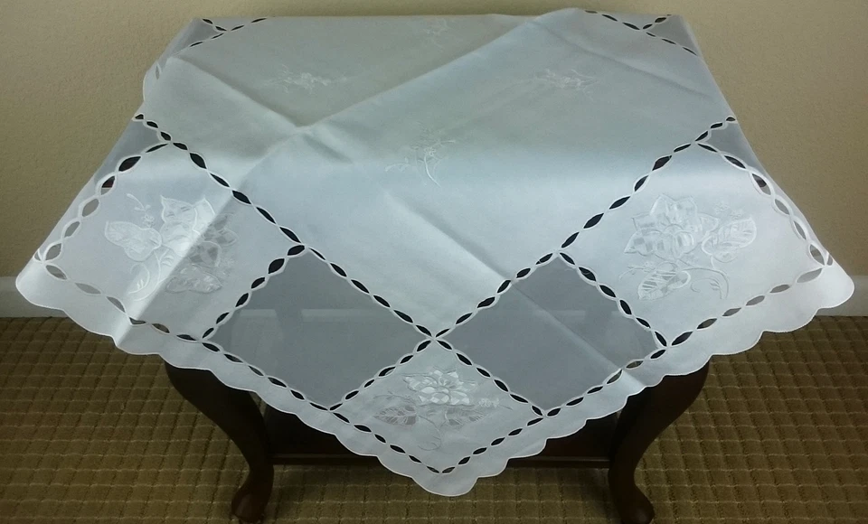 Embroidered 42" Square Embroidery Fabric Tablecloth White Wedding Bridal Events - Image 3 of 4