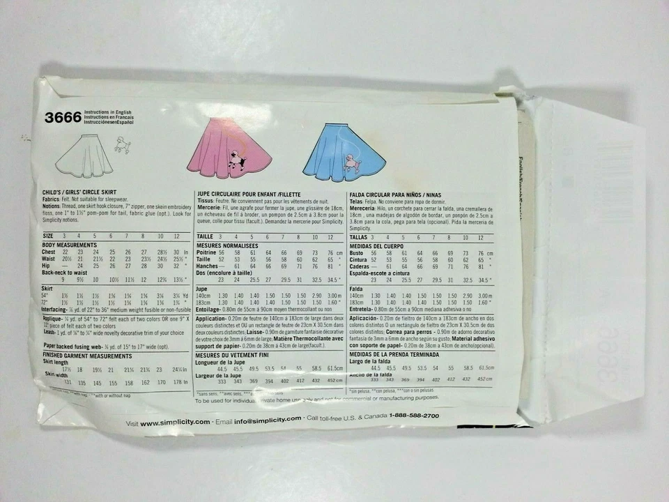 Simplicity 3666 Child 50's Poodle Skirt Pattern Size 3-12 UNCUCT Circle Retro - Image 2 of 4