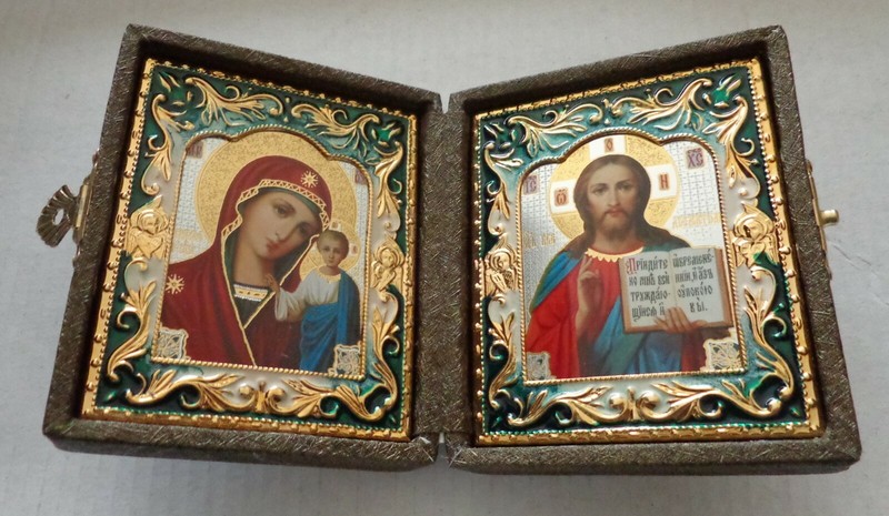 	 RUSSIAN GOLD DIPTYCH WEDDING or TRAVEL ICON gold plated & enamel in Box