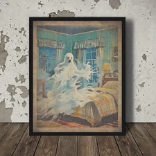 Vintage GHOST Wall Art, Retro Spirit Halloween Poster, Scary Supernatural Decor
