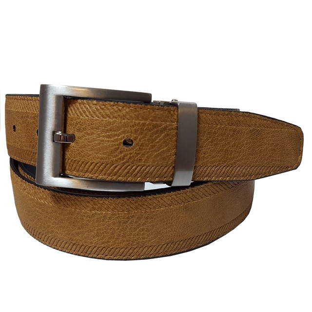 Big and Tall Size Men's Reverse Belt Black and Tan with Edge embossing