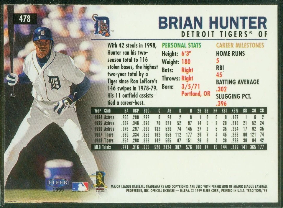 Tarjeta Autógrafo Original de Brian Hunter of the Tigers, 1999 Fleer Tradition Foto 2 de 2