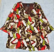 Vtg Russell Kemp Sz 1X Floral Ruffle Blouse Peplum Sheer Sleeve Mod Style Brown