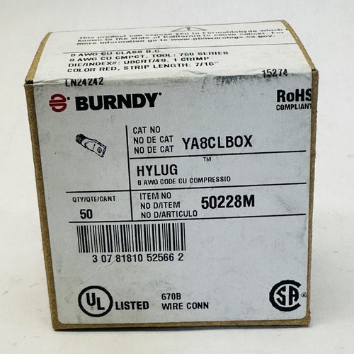 (BOX OF 50) BURNDY YA8CL2BOX HYLUG 8 AWG CODE CU COMPRESSION RED 7/16" - Picture 3 of 3