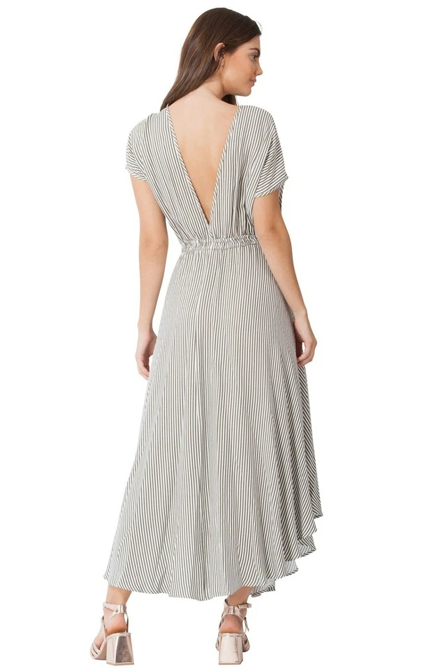 Maxi Vestido Hale Bob Beige Sarga Ajuste y Acampanado | Cuello en V | Rayas XS NUEVO CON ETIQUETAS 84NT6523 Foto 2 de 3