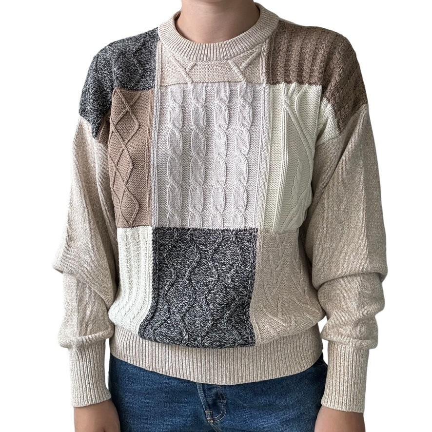 Vintage 1990s Tan Brown Checkered Cotton Chunky Oversized Sweater Sz XL