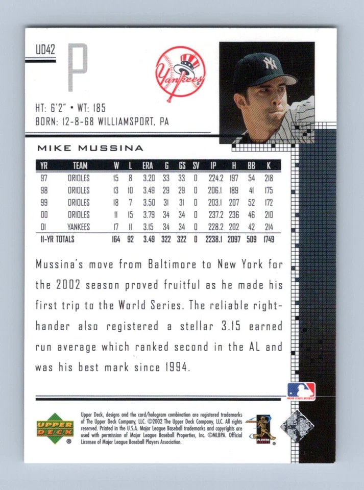 2002 Upper Deck UD Plus Hobby UD42 Mike Mussina SN /1125 - Image 4 of 4