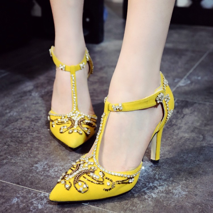 Womens Pointy Toe Suede Hand-made Crystal T Strap High Heel Stiletto shoes Size Womens Pointy Toe Suede Hand-made Crystal T Strap High Heel Stiletto shoes Size
