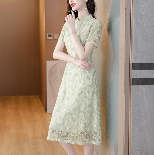 Women's Summer Stand Collar Drees Short Sleeve Pullover A-line Skirt Fashion New - Foto 4 di 11