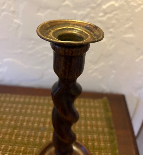 Antique English Oak Barley Twist Pair Candlesticks Candle Holders 10 1/2" Tall - Picture 11 of 13