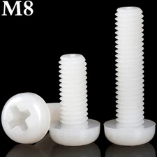 M8 -1.25 Metric White Nylon Plastic Phillips Round Pan Head Machine Screws Bolts