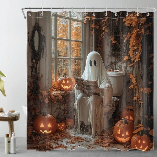 Fall Leaves Scary Gothic Halloween Ghost Shower Curtain Bathroom Accessories Set - Picture 21 of 25