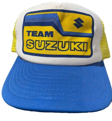 Vintage Team Suzuki Trucker Hat Cap Blue Yellow SnapBack