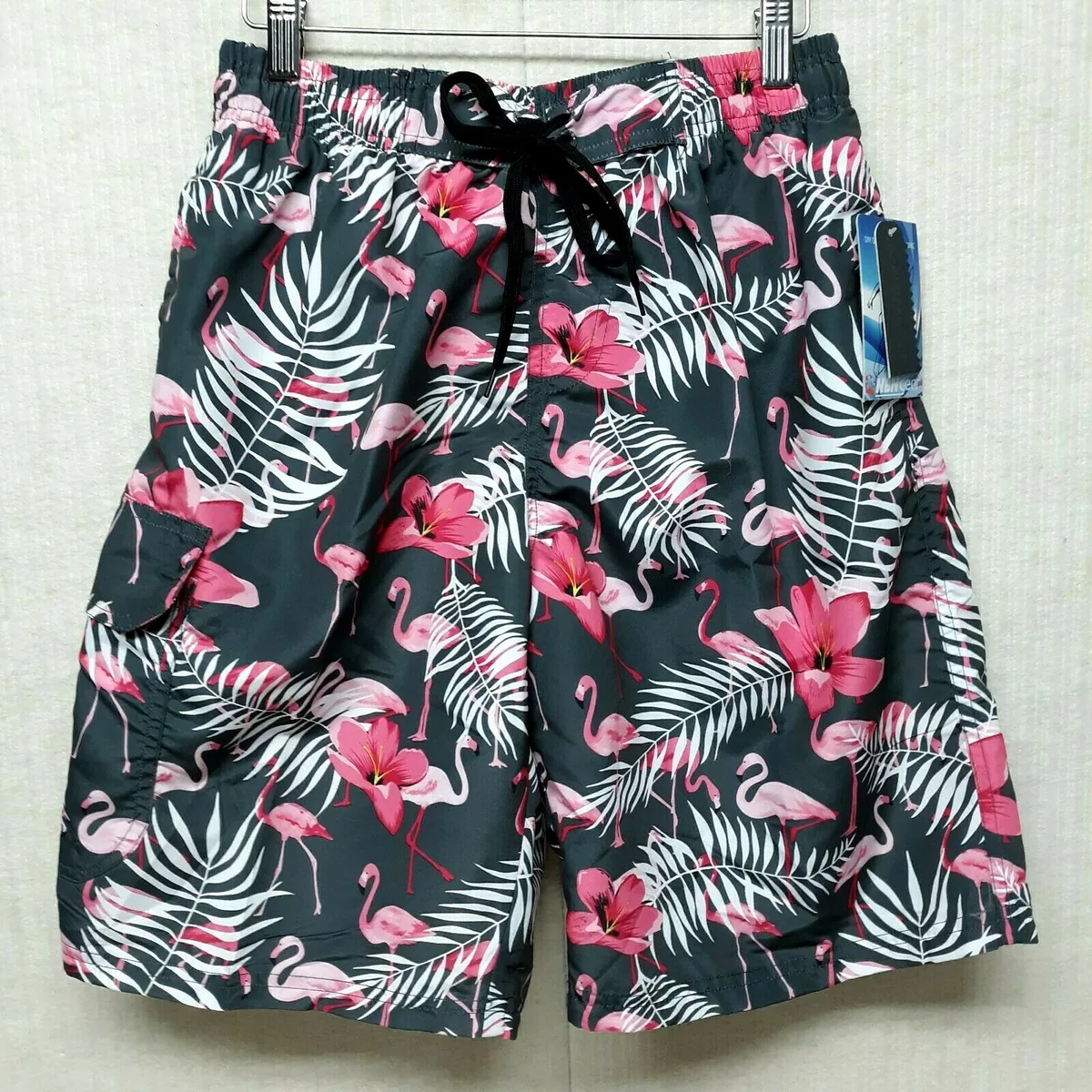 NBN GEAR Men s Swim BOARD Shorts GRAY with PINK FLAMINGOS Design Size M