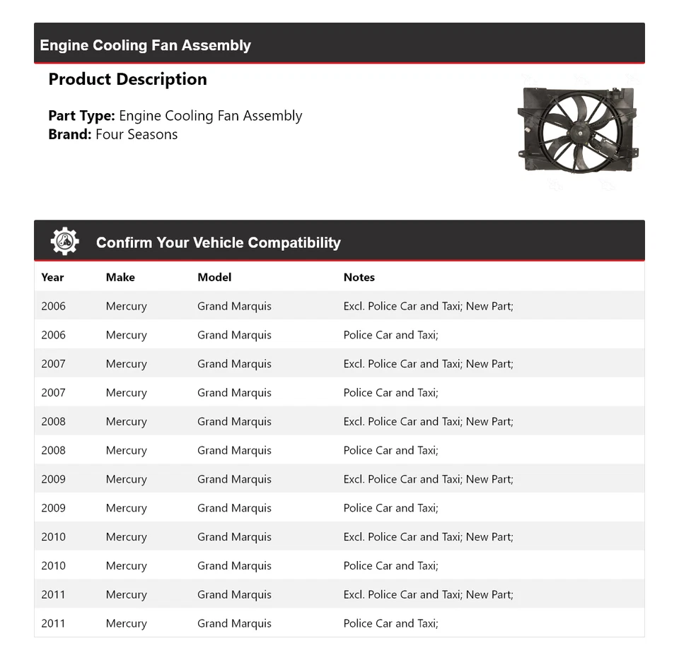 Conjunto de ventilador de refrigeración del motor Mercury Grand Marquis 2006-2011 4 estaciones 2007 Foto 2 de 4