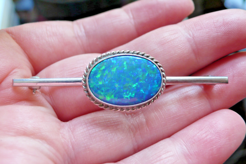 Vintage Blue Opal Doublet and Sterling Silver Brooch