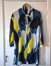 Jaeger Silk Satin Abstract Tie Neck Tunic Dress UK 8 Blue Yellow 3/4 Sleeve