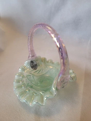 Fenton Green Iridescent Glass Mini Basket With Pink Iridescent Handle