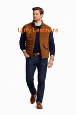 Men’s Brown Suede Leather Quilted Vest Sleeveless Zip Smart Casual Jacket