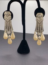 Vintage BOZART Made in ITALY Dangle Clip Earrings Rhinestones and Pearls 3"