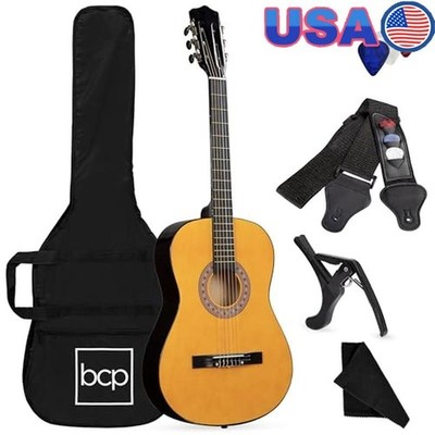 38in All Wood Acoustic Guitar Starter Kit W/Gig Bag Picks Strings Capo Strap New