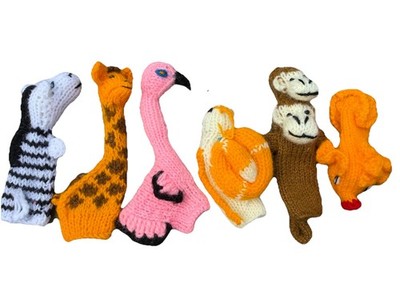 Hand Knitted Wild Animal Finger Puppets Zebra Giraffe Flamingo Snail Monkey Fish