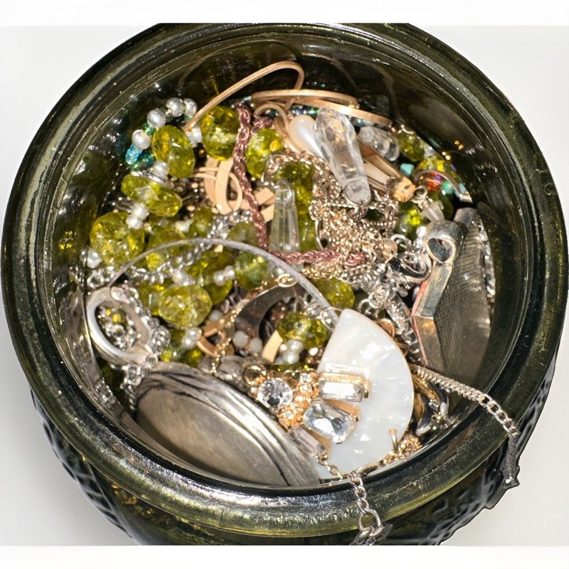 Mystery Jewelry In Beautiful Green Jar With Lid, Gone And Silver Toned