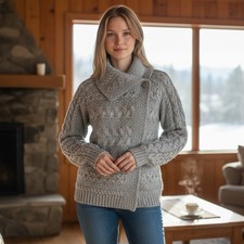 Aran Mor Irish Fisherman Cable Knit Cardigan S Gray Merino Wool Cabincore Chunky