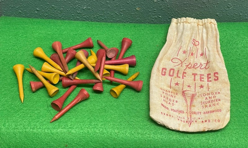 Vintage Sears Roebuck X-Pert Golf Tees 1930–35. Original Bag With Hardwood Tees.