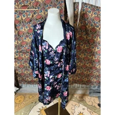 Kathryn Navy Floral Satin Kimono Robe & Nightgown Set Lingerie large