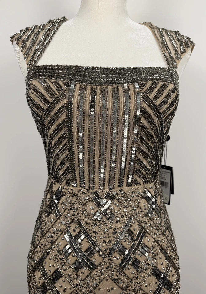 Vestido Formal Adrianna Papell Talla 6P Beige Desnudo Cuentas Lentejuelas Art Deco Gatsby Glam Foto 2 de 4