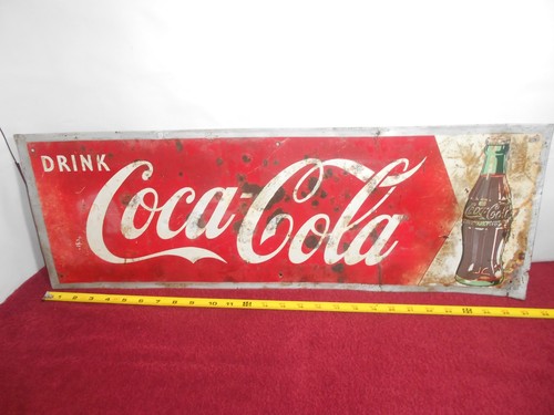 VINTAGE 27 x 9 in DRINK COCA-COLA SODA POP ADVERTISING SIGN METAL -UNIQUE- X 12 - Picture 2 of 13