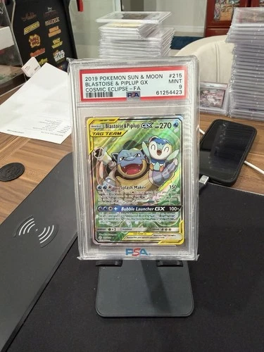 2019 POKEMON SUN & MOON COSMIC ECLIPSE #215 FULL ART/BLASTOISE & PIPLUP GX PSA 9