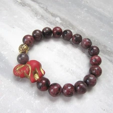Charming Elephant Bracelet: Gold, Rose & Cranberry Beads