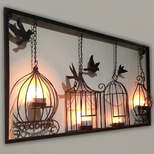 BIRDCAGE TEA LIGHT WALL ART METAL WALL HANGING CANDLE HOLDER BLACK 3D BIRD CAGE