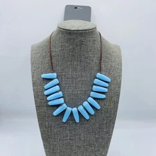 ZAD Blue Oblong Bead Brown Cord Necklace 14” New