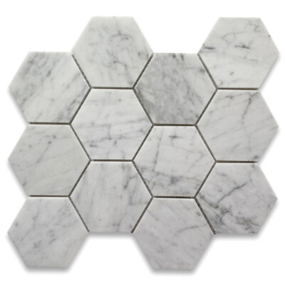 C34XP 4'' Hexagon Carrara Venato Carrera Italian Marble Mosaic Tile Polished