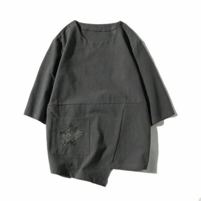 Herren Leinen Hemd Bluse Stickerei Blumenmuster Locker Baggy Taschen Kurzärmelig - Bild 1 von 4