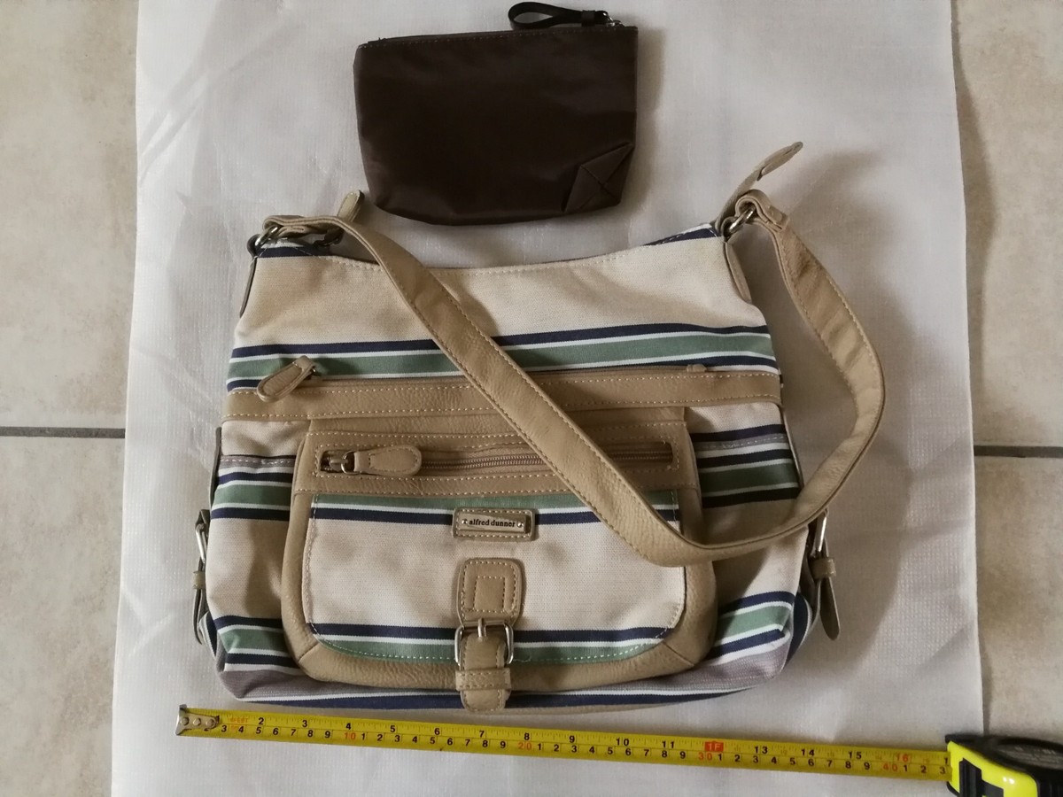 ALFRED DUNNER BEIGE GREEN STRIPS CANVAS FAUX LEATHER SHOULDER BAG PURSE  FREE - Main Image