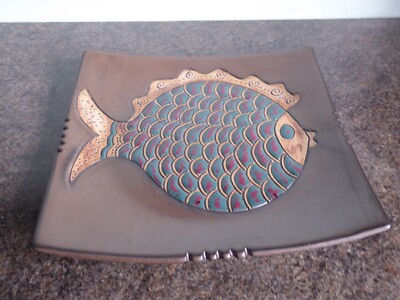 Keramik - groß - quadratisch - Schale - Teller - Fisch Design - Retro